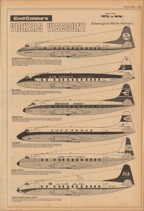Vickers Viscount, CivilColours - 1/72 drawing by Martin Harrison, Эвиэйшон Ньюз том 7 №4 21 июль - 03 август 1978 лист 2 из 2